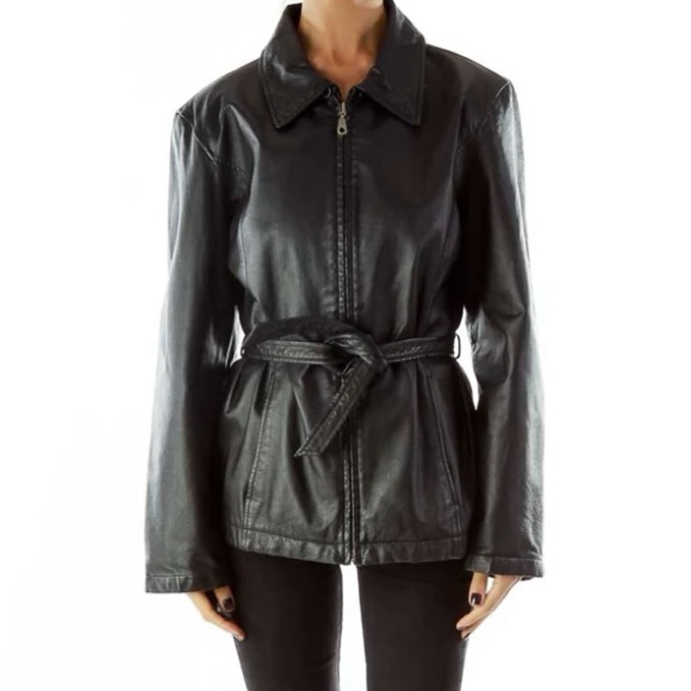 Vintage Genuine Leather Jacket w/ Belted Tie Waist • EUC • Black, Size Small